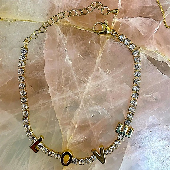 Gold Love Letter Cubic Zircon Pave Tennis Minimalist Bracelet - Picture 9 of 9